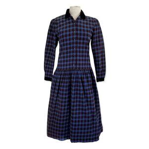 Vintage Lanz Originals Prairie Dress Blue Plaid Corduroy Cottagecore Modest
